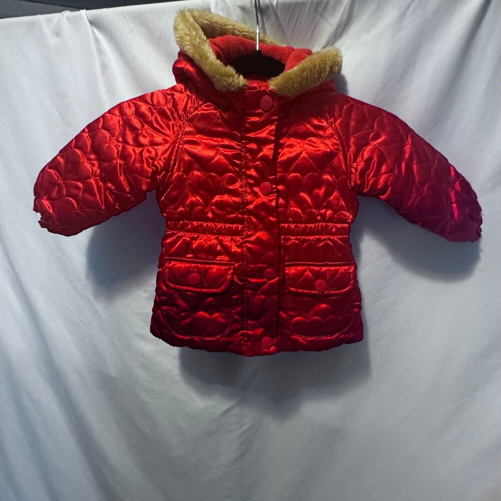 OshKosh 12M Red Heart Quilted Puffer Jacket Faux Fur Hood Fleece Coat Coquette